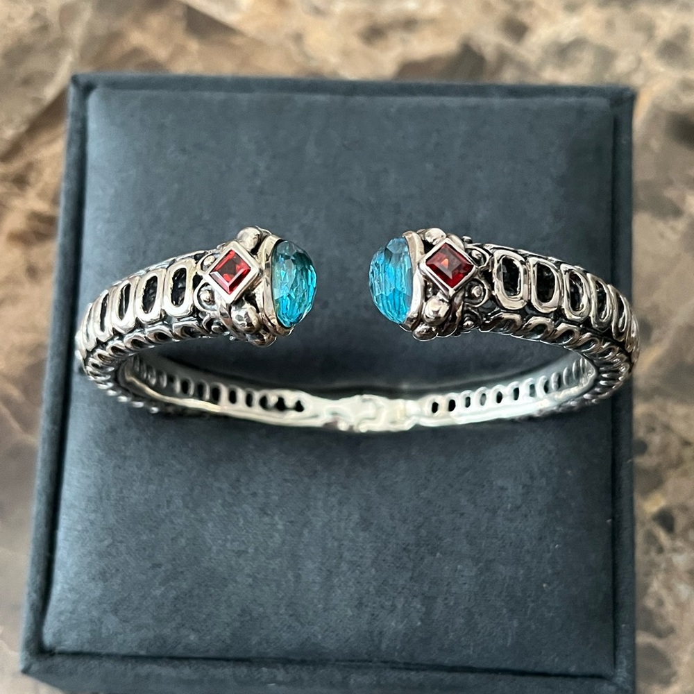 Bali style Swiss Blue Topaz sterling silver cuff bracelet